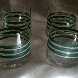 4 pieces set Vintage 3" drinking glasses clear w/green&white band cottagecore